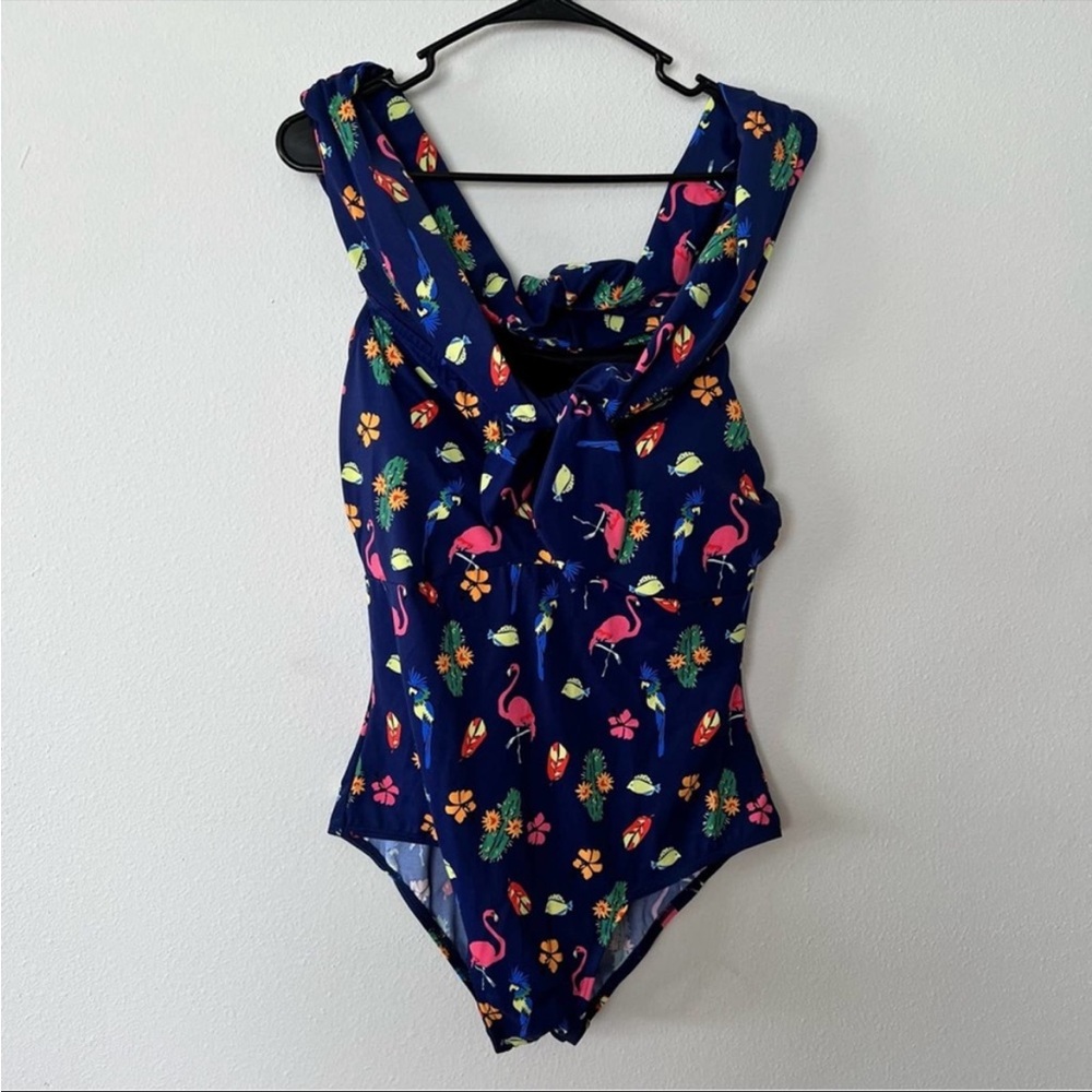 Eloquii Women’s Navy Flamingo Tree Off Shoulder One Piece 14W